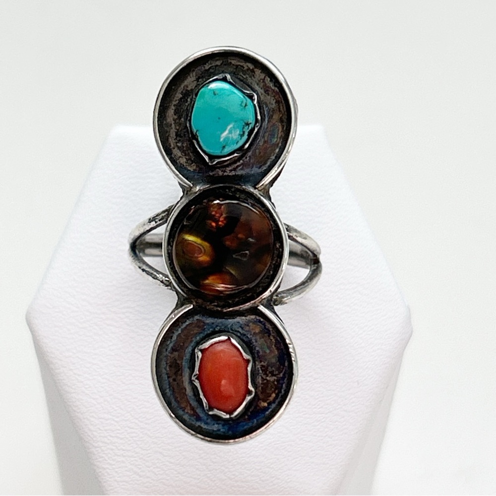 Stunning Vintage Southwestern Turquoise Fire Agate Coral Sterling Silver Ring - Picture 3 of 11